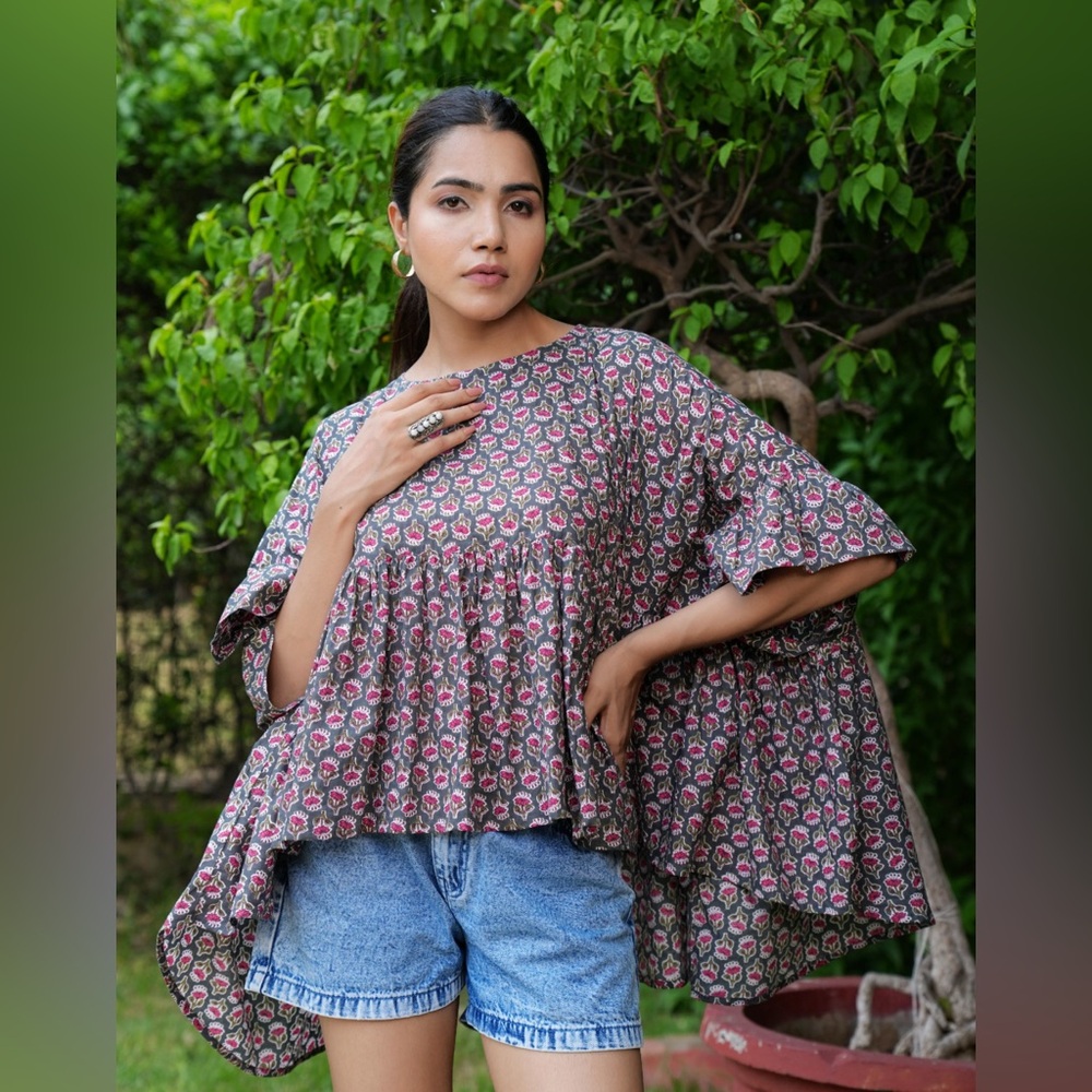 New One Size Indian Artisan Hand Block Printed Oversized Blouse Grey & Pink